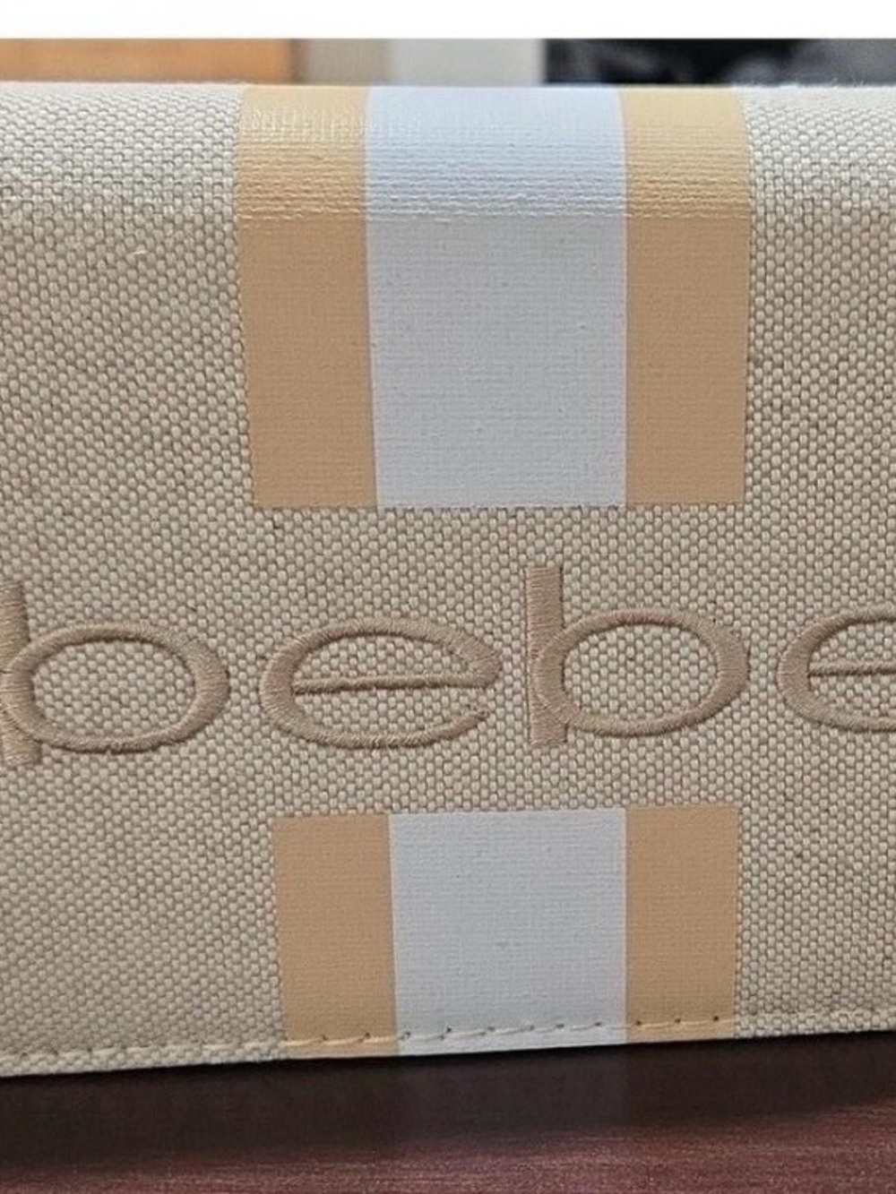 bebe Beige and White Striped Canvas Tote